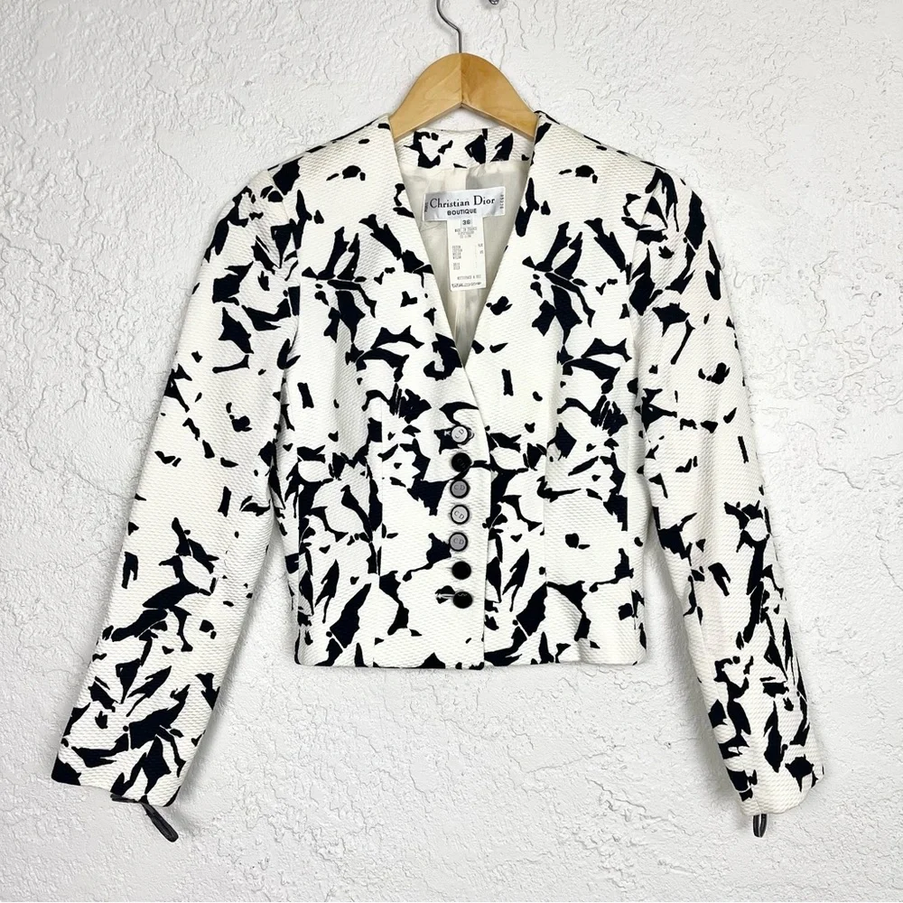 Christian Dior Vintage 1980’s Black & White Floral Print Blazer Jacket